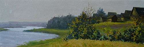 Artist Anton Vyrvo. Painting Painting Landscape. Autumn morning. 2020, 20 x 55 cm, oil on canvas