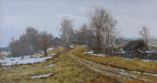 Artist Anton Vyrvo. Painting Painting Landscape. Spring. The road to the village. 2019, 35 x 60 cm, oil on canvas