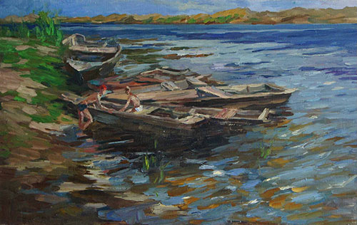 The painter Anton Vyrva. Artwork Picture Painting Canvas Landscape. Boats on the Sozh. 2010, 50 x 80 cm, oil on canvas