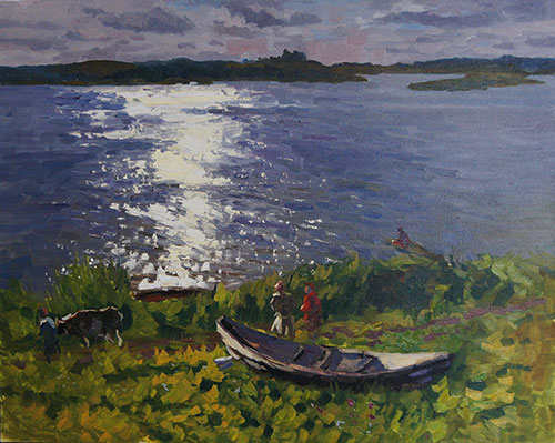 The painter Anton Vyrva. Artwork Picture Painting Canvas Landscape. Evening in Slobodka. 2015, 80 x 100 cm, oil on canvas