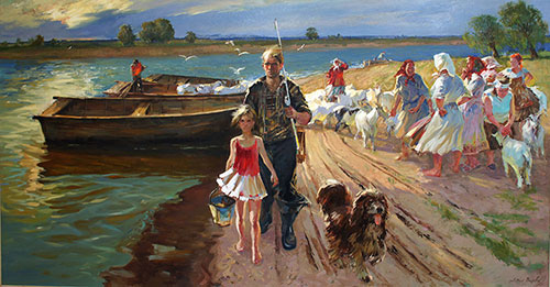 The painter Anton Vyrva. Artwork Picture Painting Canvas Landscape. Evening on the Sozh. 2011, 168 x 317 cm, oil on canvas