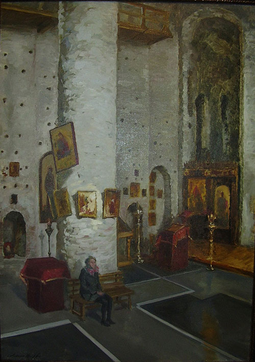 The painter Anton Vyrva. Artwork Picture Painting Canvas Landscape. Interior of the Kalozha church. 2013, 102 x 75 cm, oil on canvas