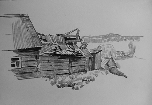 The painter Anton Vyrva. Artwork Picture Painting Canvas Landscape Sketch. Drawing of an old house. 22 x 30 cm, pencil, paper