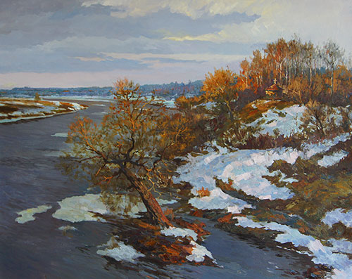 Artist Anton Vyrvo. Painting Landscape. April evening. Sozh. 2014, 120 x 150 cm, oil on canvas