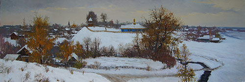 Artist Anton Vyrvo. Painting Landscape. Early snow. Krichev. 2016, 76 x 225 cm, oil on canvas